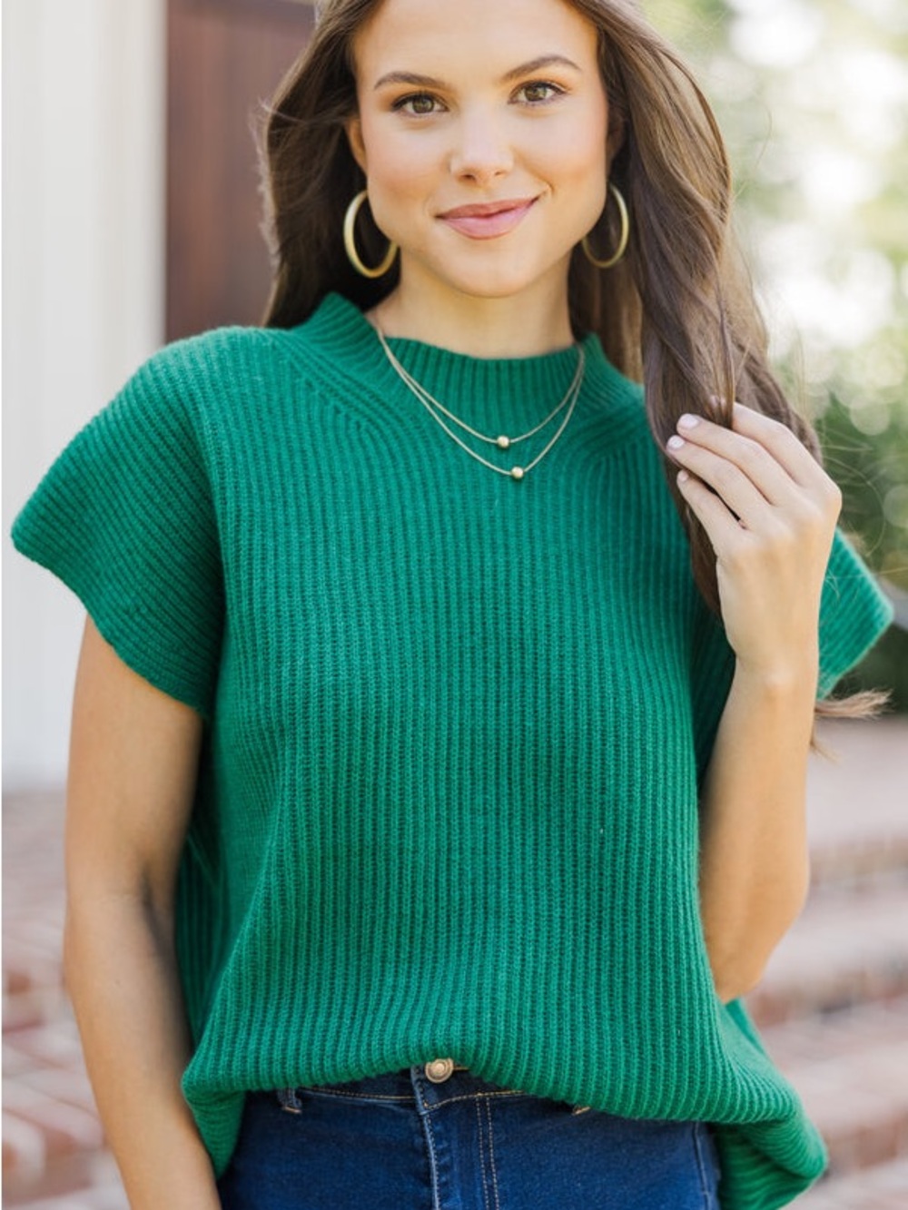Shop The Mint | Slouchy Cap Sleeve Ribbed Knit Sweater Emerald Green Medium